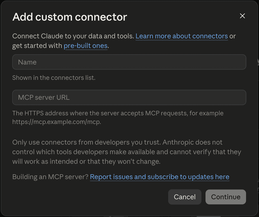 Claude's Add custom connector form with Name and MCP server URL fields