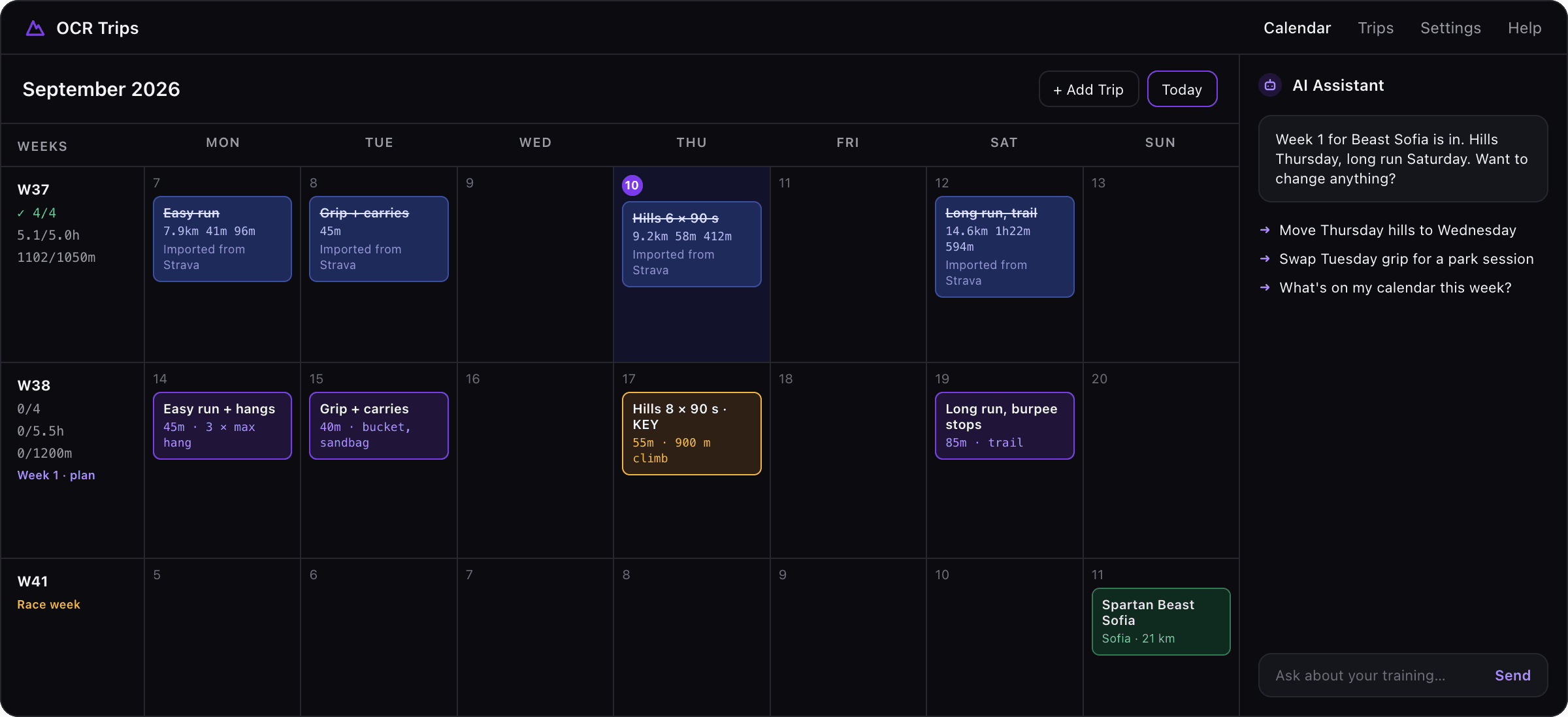 The OCR Races training calendar with a Strava week, a plan week and the race, plus the AI assistant.
